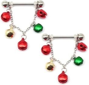 14G Jingle Bell Dangle Nipple Rings Stainless Steel Hoop Earrings Nipple Tongue Ring Barbell Piercing Red Green Ball Bead Christmas Nipple Pierci