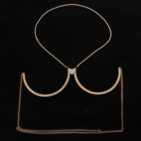 Love Chest Beach Jewelry Nightclub Halter Rhinestone Body Chain (Color: Gold)