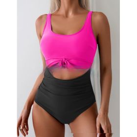 One-piece Female Stitching Contrast Color Strap Covered Belly Swimsuit (Option: Rose Red Black-S)